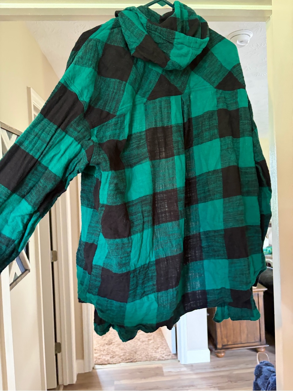 Maurices Green and Black Plaid Button-Down Hooded Shirt - Picture 3 of 3